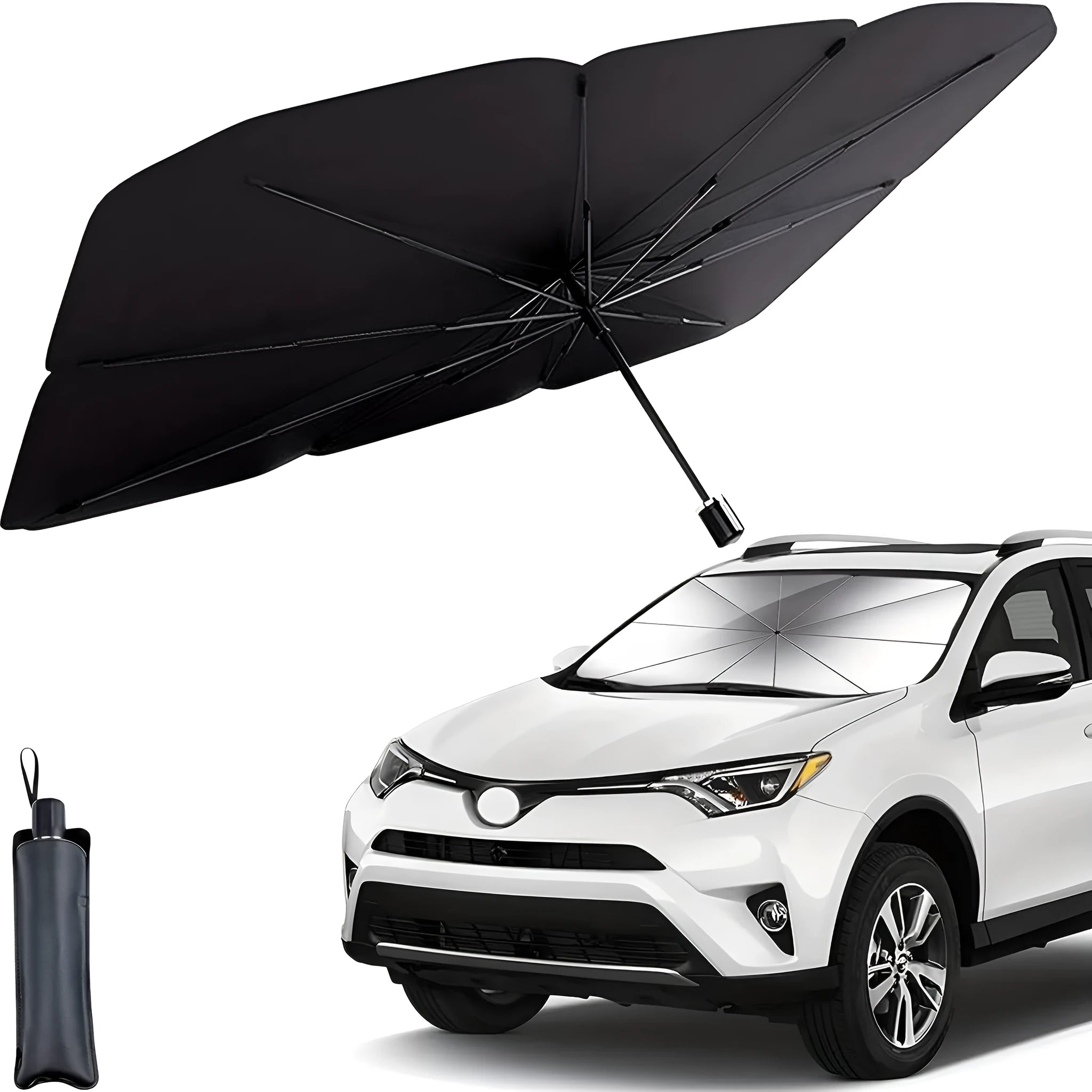 Open foldable car windshield sunshade umbrella placed against a car windscreen.