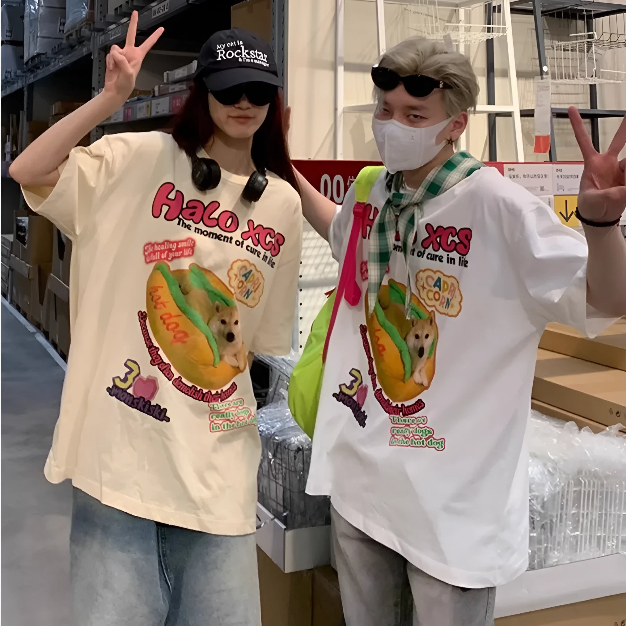 Cartoon hamburger dog printed loose fit cotton T-shirt in white, apricot, or sky blue.
