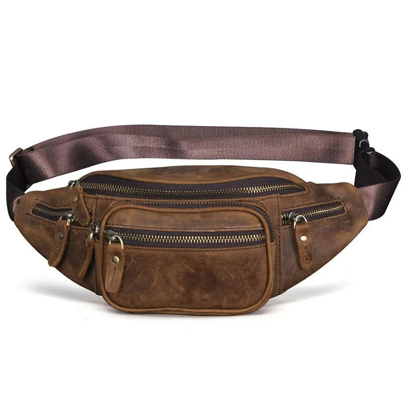 Brown leather shoulder messenger bag with adjustable strap showing interior compartments
