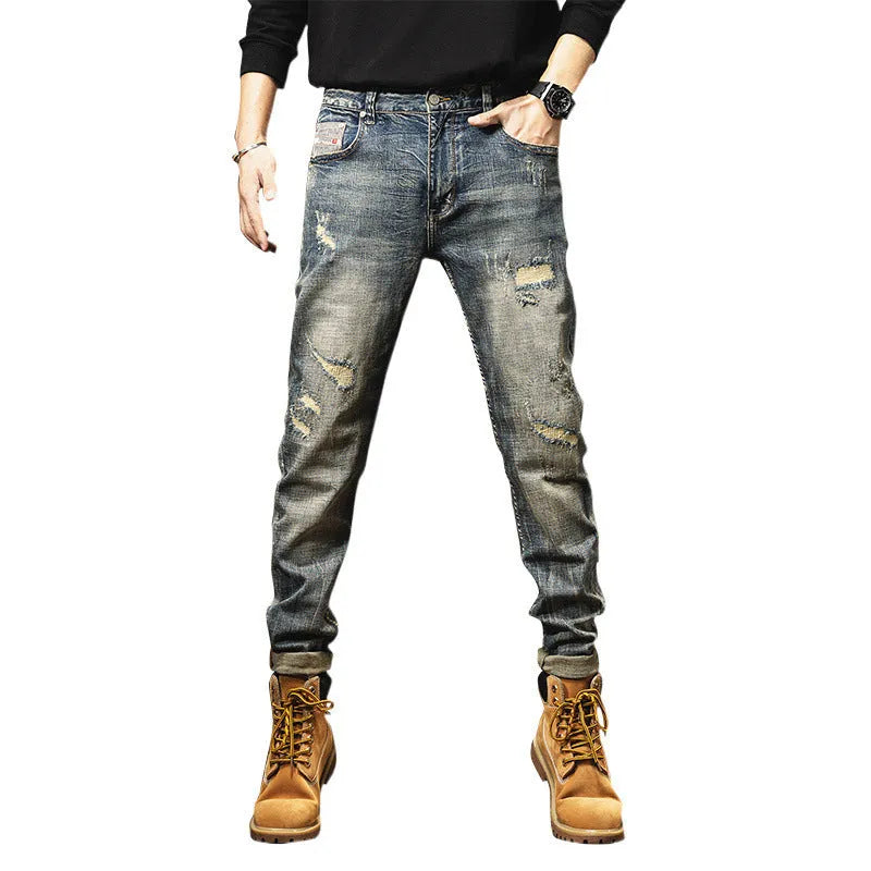 Men's vintage blue fleece-lined jeans with a straight leg loose fit and drawstring waist
