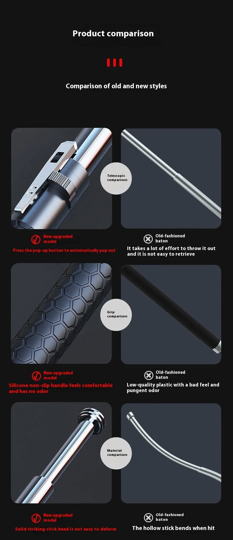 Titanium black automatic spring expandable baton in three sizes: 16-inch, 21-inch, and 26-inch