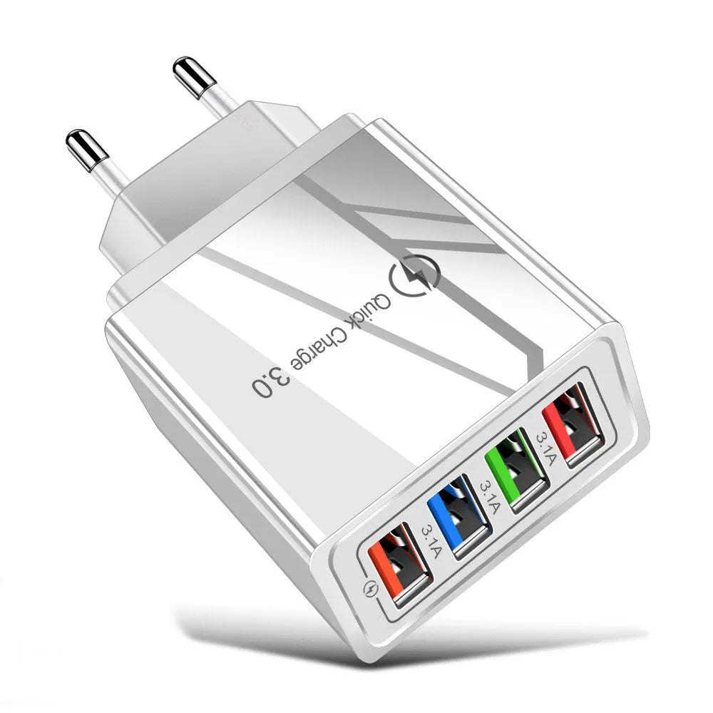 Black and white multi-port USB wall charger with luminous light indicator and UK three-pin plug
