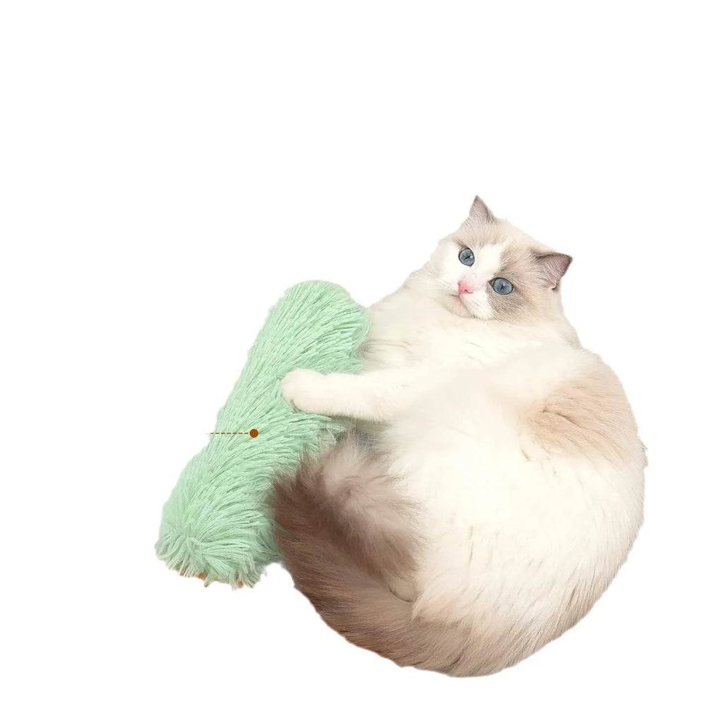 Blue, green, pink, and white cat plush toy pillows measuring 27cm by 10cm.