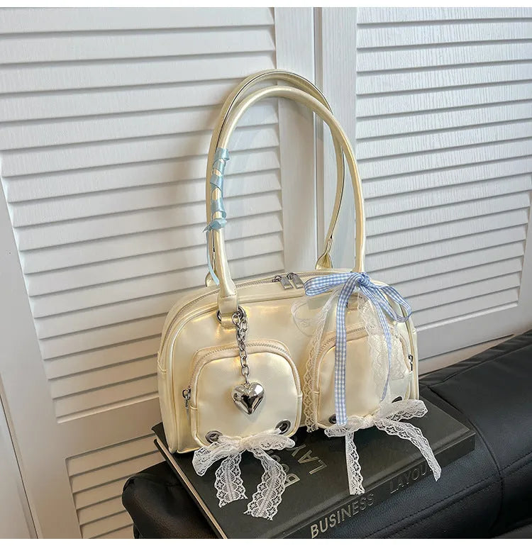 Soft PU casual shoulder bag with horizontal square shape and dual straps in beige colour