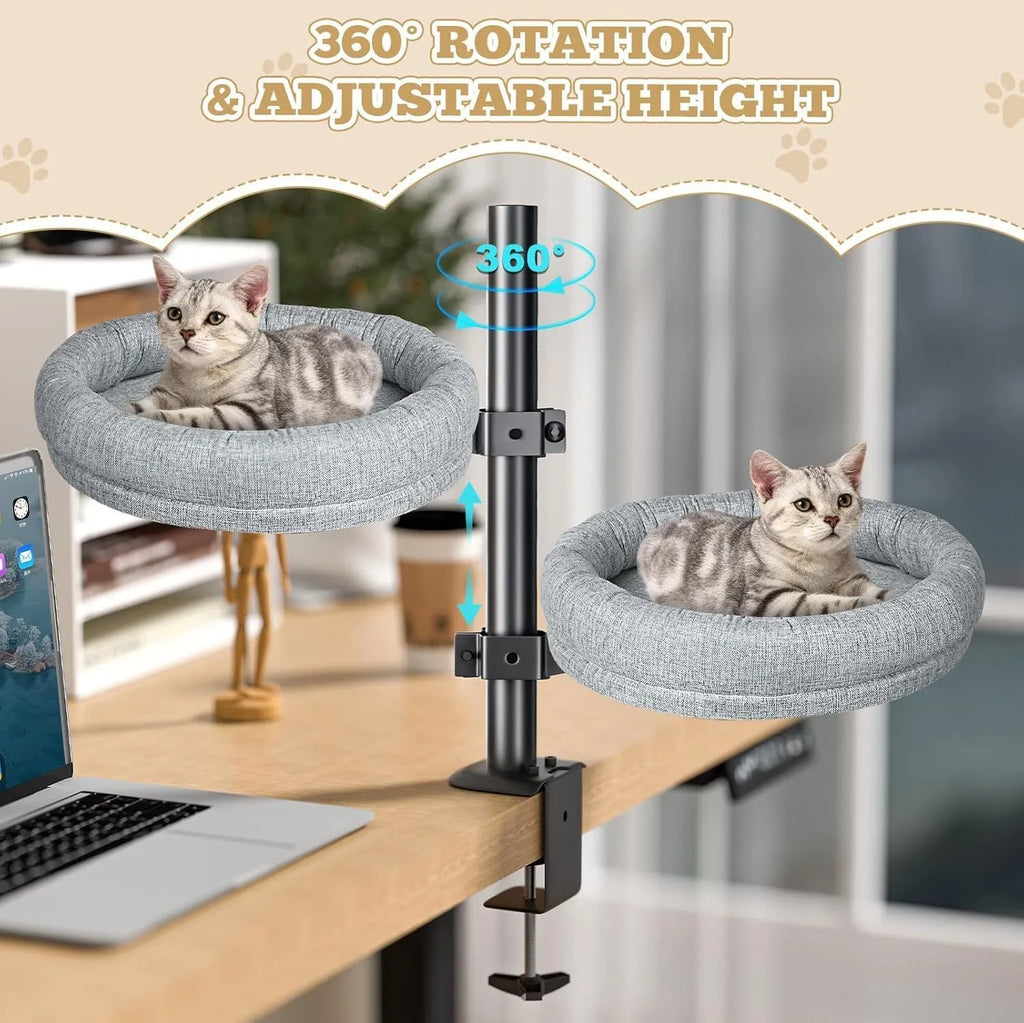 Round cloth cat nest with rotating base and adjustable height, available in brown or gray colour options