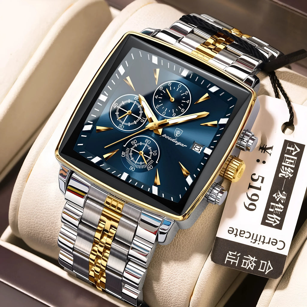 Men's square dial business watch with stainless steel strap in a gold and black colour combination