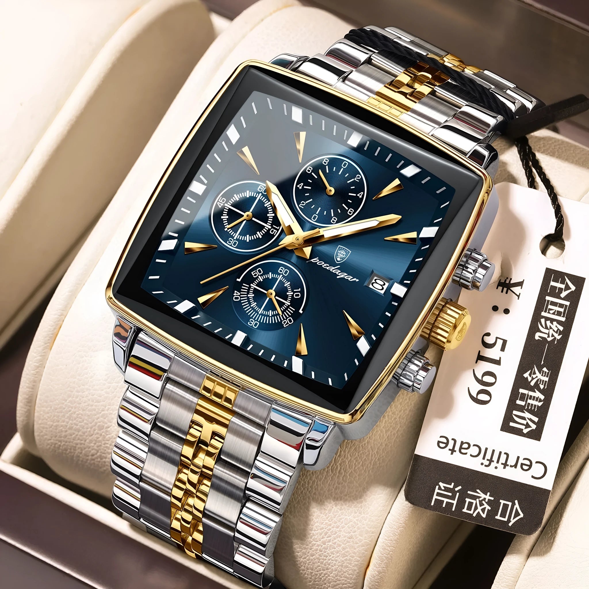 Men's square dial business watch with stainless steel strap in a gold and black colour combination