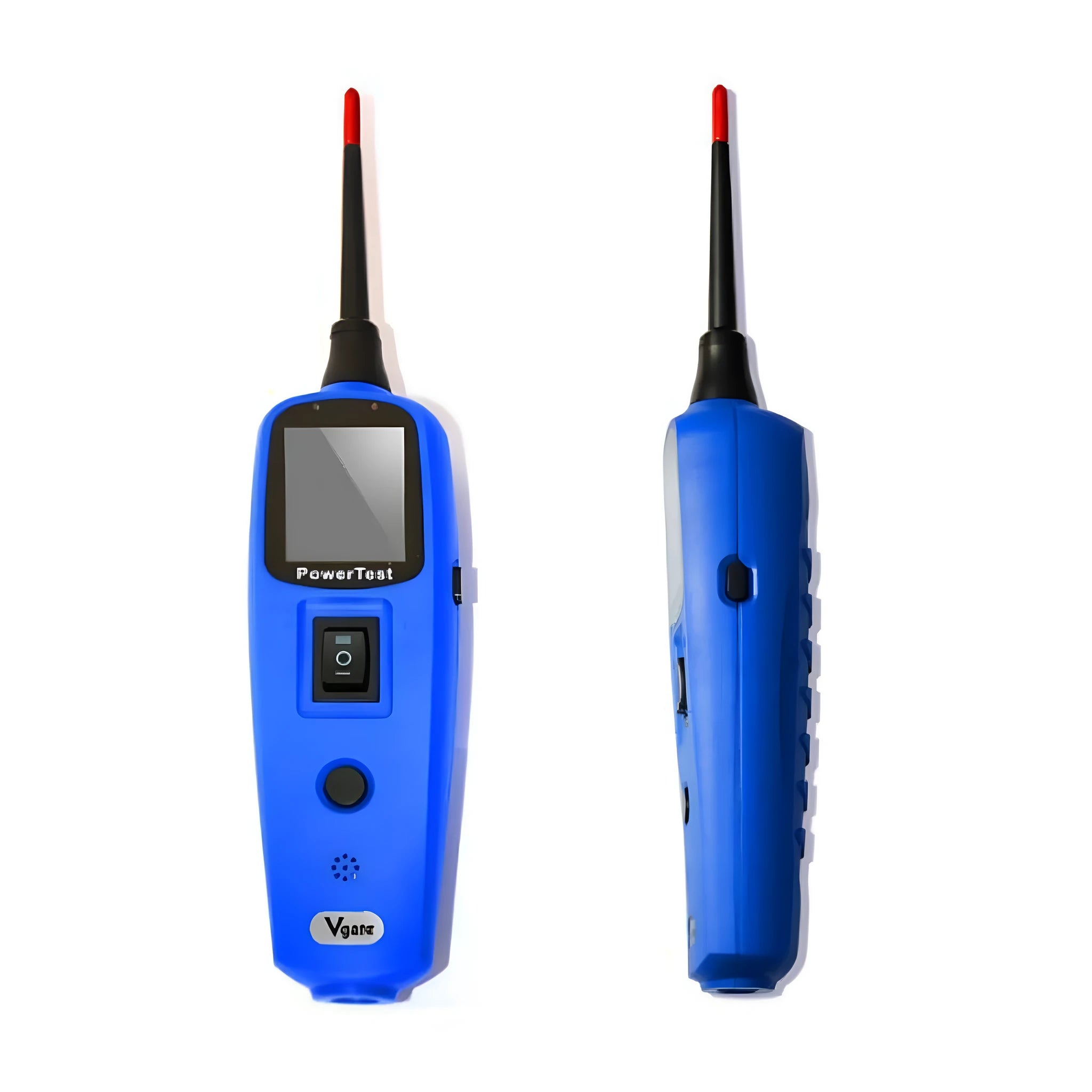 Blue PowerTest PT150 automotive circuit test pen with TFT screen, probe tip, cable, clips, and rugged case.