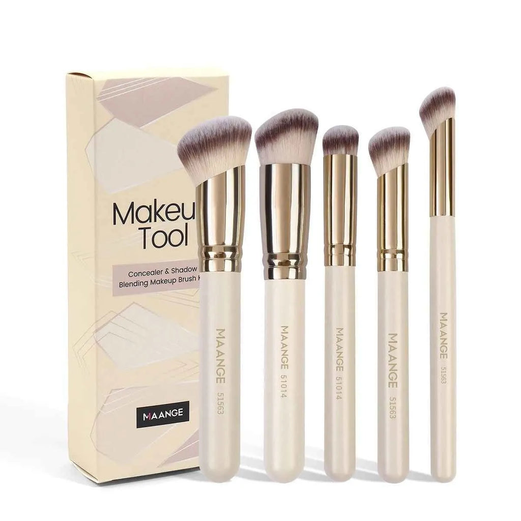 Apricot coloured MAANGE five-piece synthetic makeup brush set with angled blush brush.