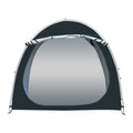 Large black outdoor bicycle storage tent with roof design, shown with dimensions 185x65x165cm.