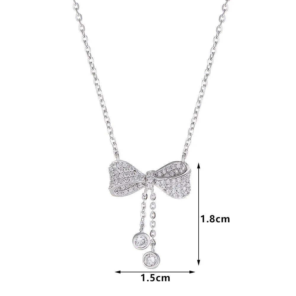 S925 sterling silver bow pendant necklace with adjustable O-ring chain for women