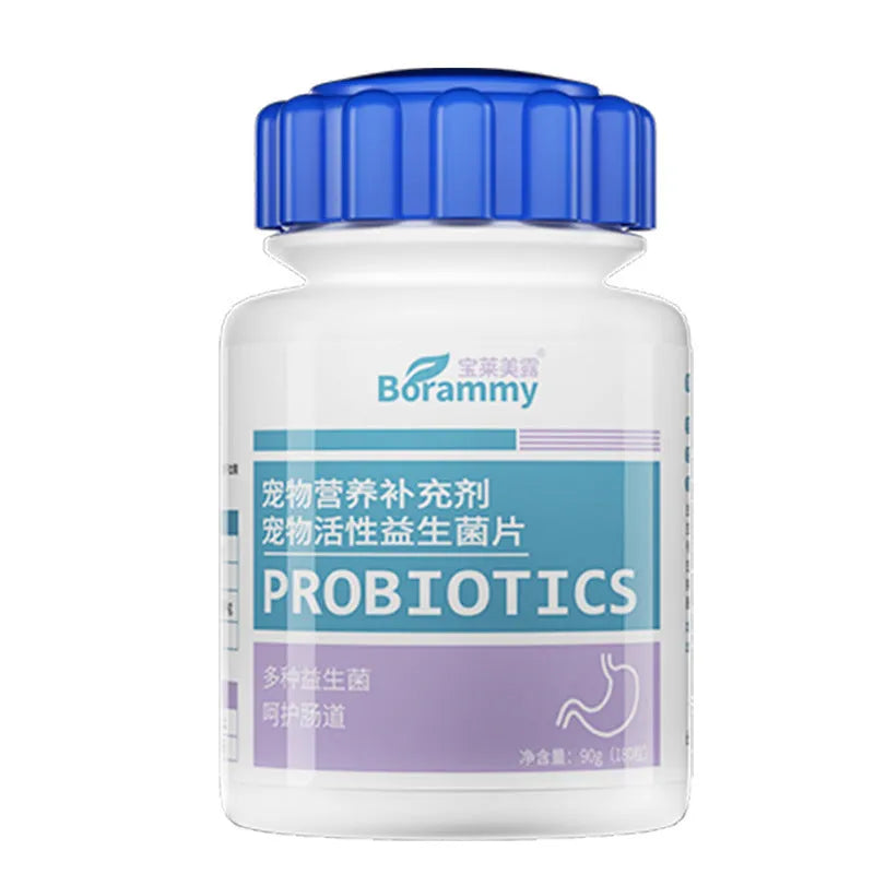Bottle of pet active probiotic tablets containing 180 count for cats and dogs.