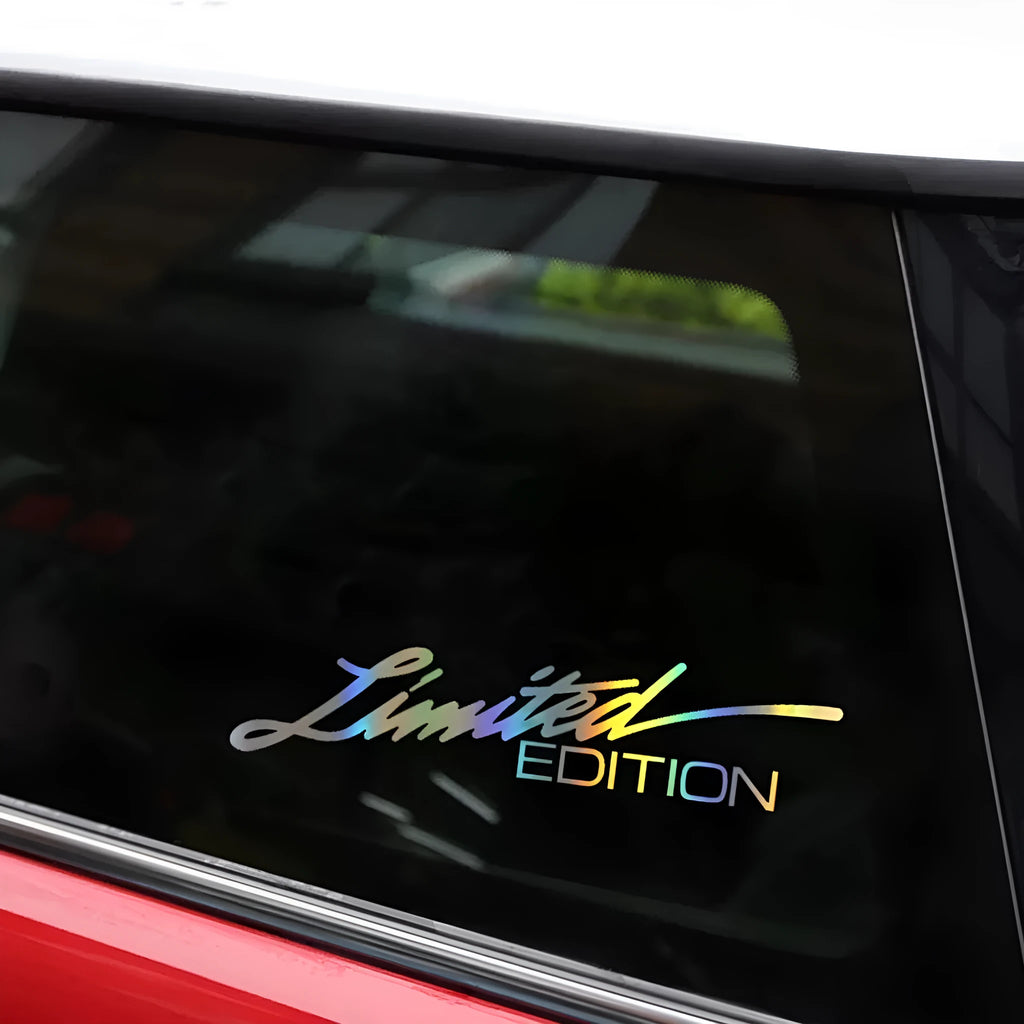 Limited edition laser reflective black text car sticker on vehicle glass