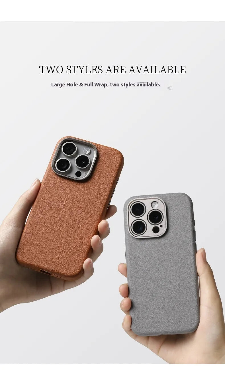Genuine leather MagSafe compatible protective case for iPhone with metal camera lens guard.