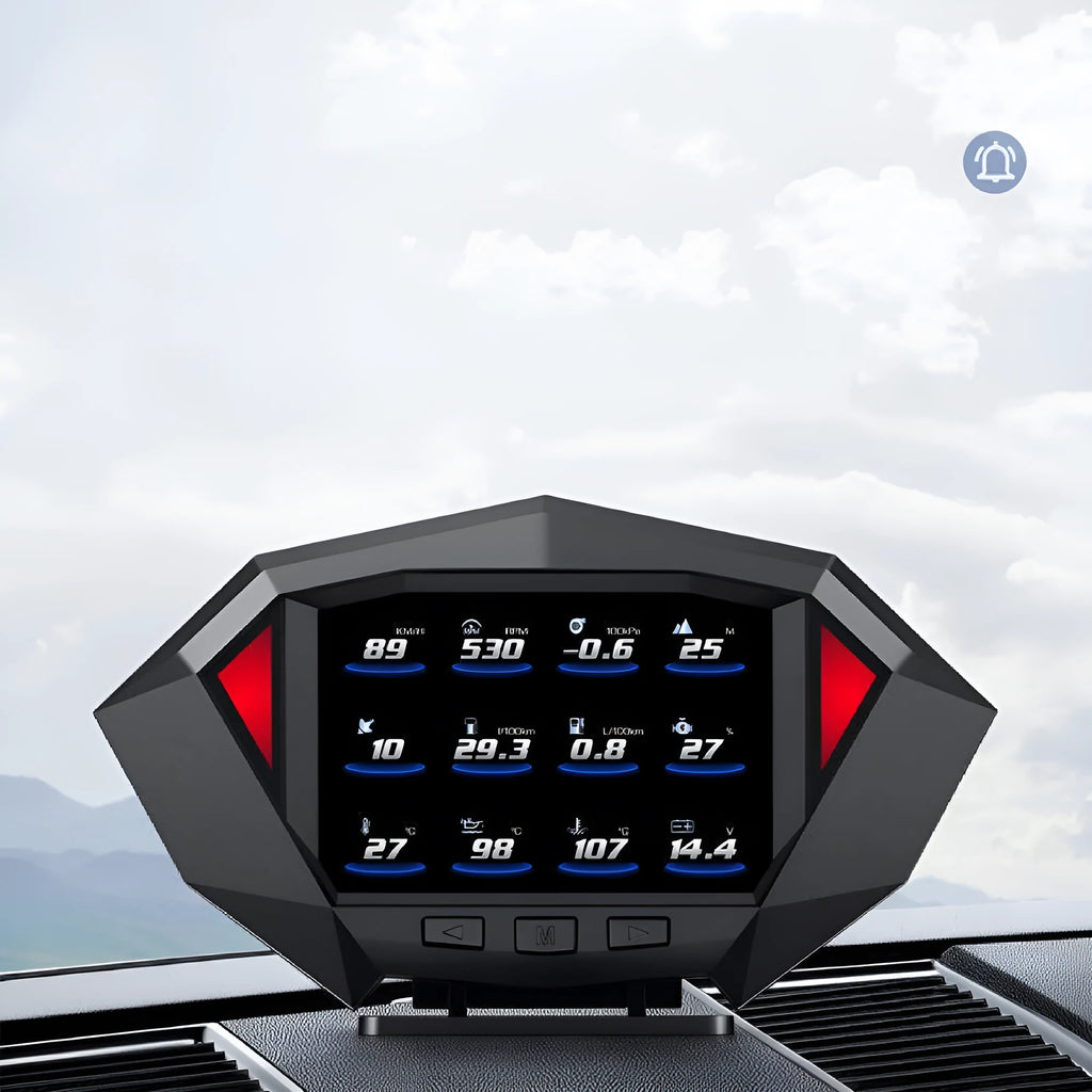 Black vehicle head-up display unit with LCD screen next to OBD cable on car dashboard