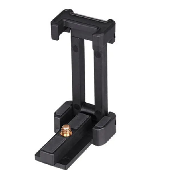 Black desktop tripod holding an iPhone, made from aluminium alloy and plastic, on a wooden table.