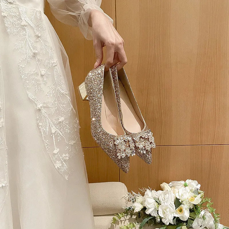 Silver French style mid heel pumps with square buckle, available in large sizes