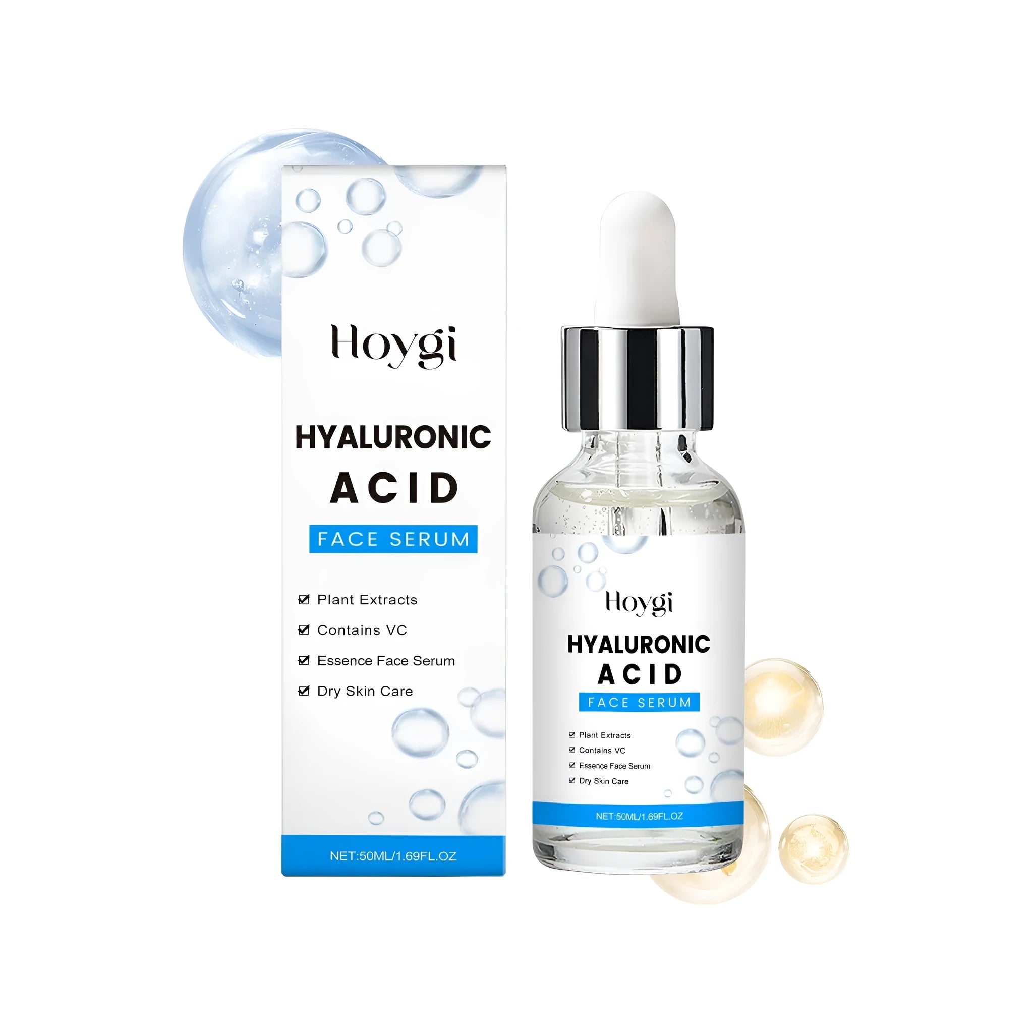 50ml bottle of hyaluronic acid and vitamin C anti-aging face serum