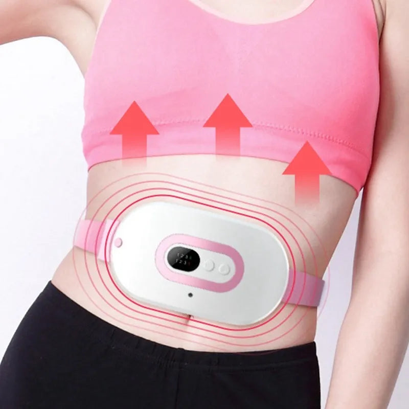 Pink rechargeable menstrual cramp relief belt with fabric wrap and button control, placed on a light background