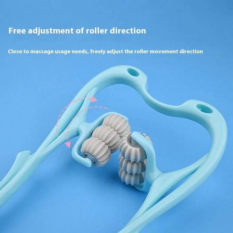 Blue plastic handheld massager with six rotating wheels for neck, shoulder, and back.