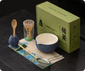 Guyun matcha eight-piece ceramic set including bowl, stand, spoon, strainer, sifter, mat, and Jiangshan shelf in Chinese style