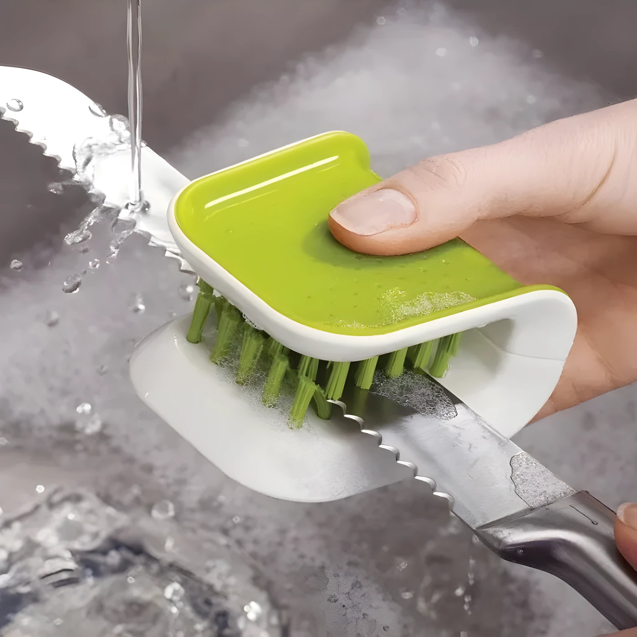 Blue U-shaped plastic brush for cleaning kitchen knives and forks.