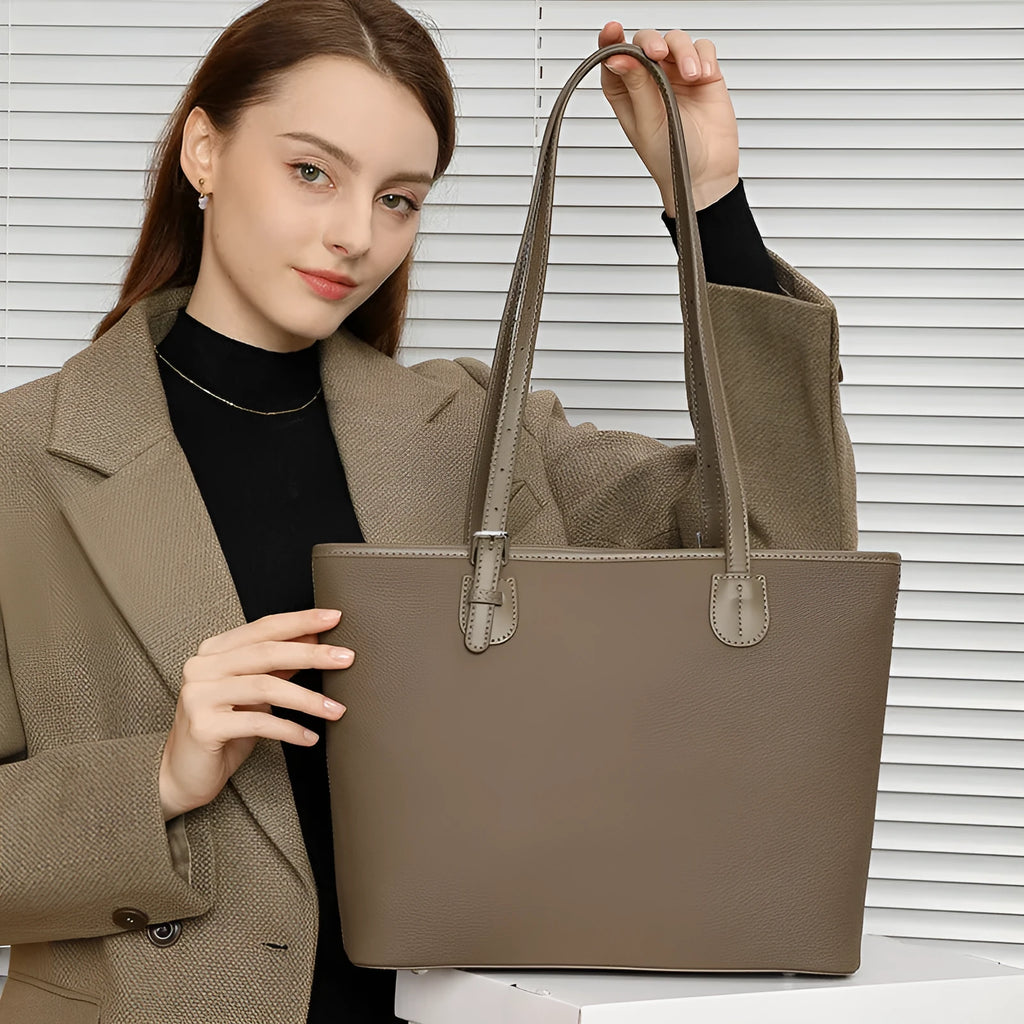 Genuine leather women's tote bag with internal organisers in black grey colours