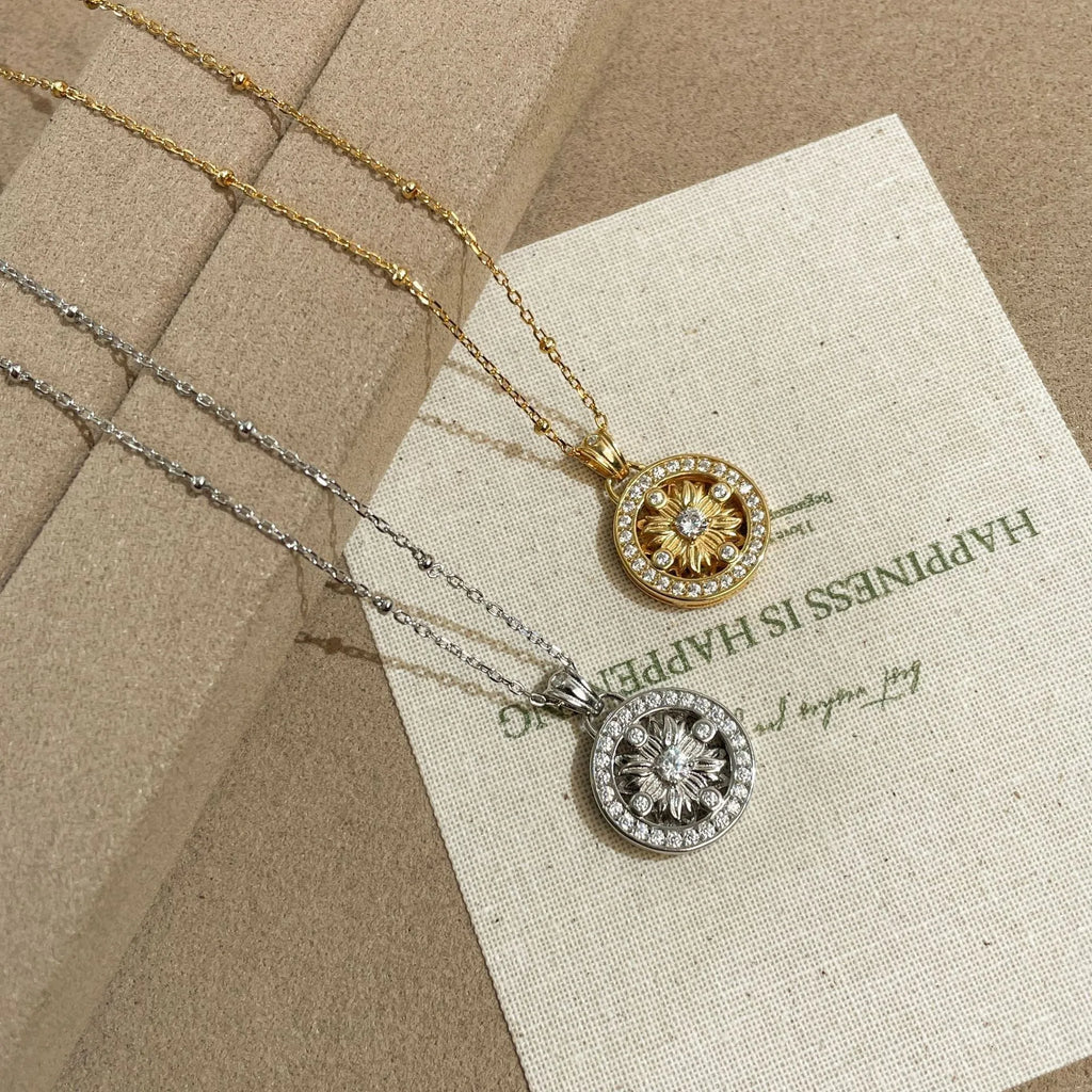 925 silver geometric sun pendant necklace electroplated white gold colour adjustable 41-50cm chain women Chinese style
