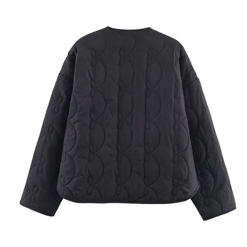 Women's bow quilted coat in black polyester, straight cut, medium thickness, regular sleeves, size M
