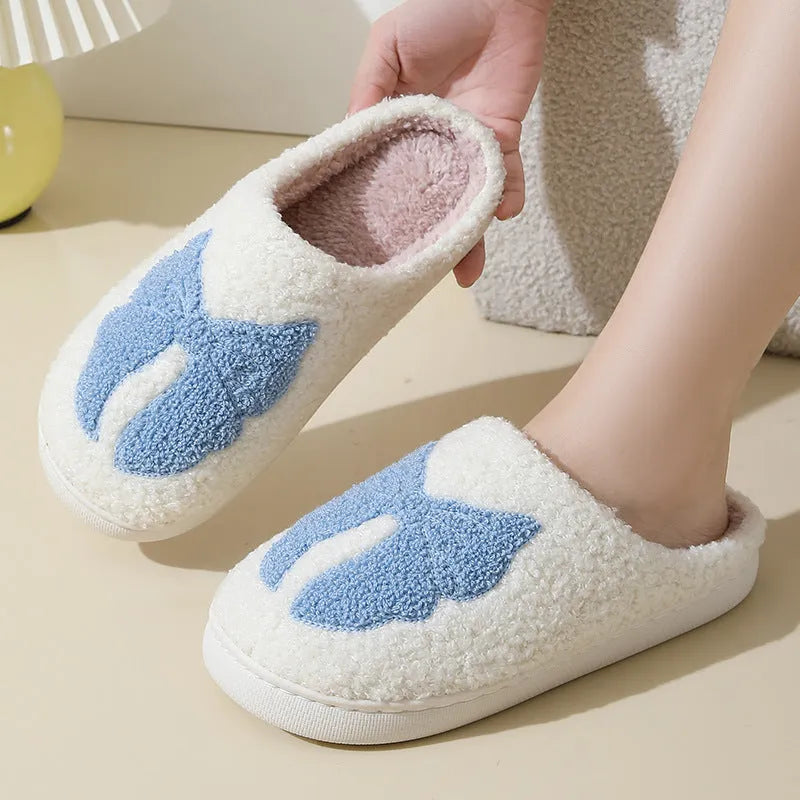 Cartoon bow knot cotton slippers with suede upper and TPR sole in pink or blue colour options
