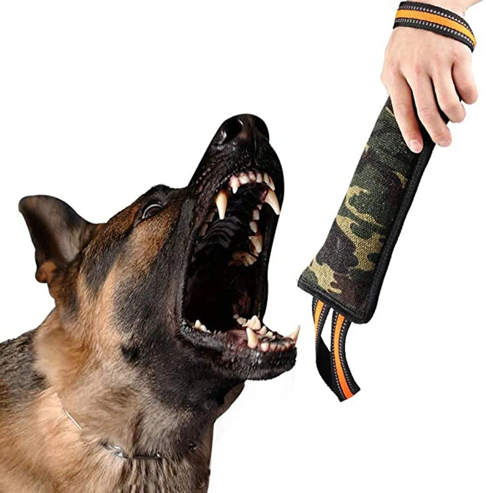 Yellow-trimmed jute dog training bite stick with reflective stitching measuring 55cm length
