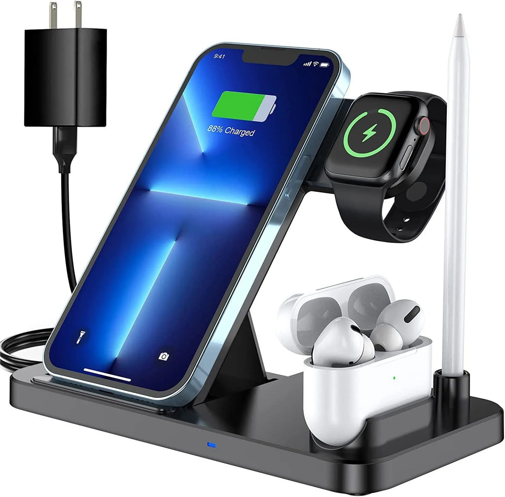 Black four-in-one wireless charging pad for mobile phones with included QC3.0 charging head.