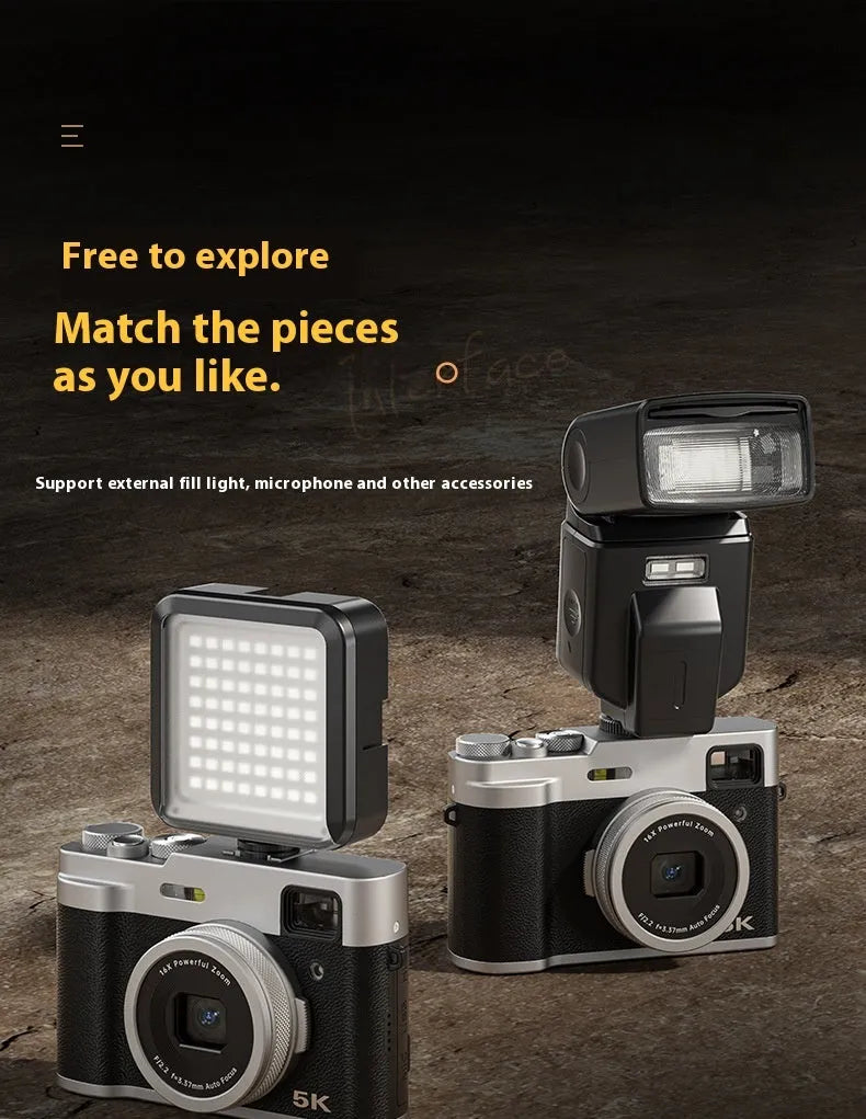 Black or brown 5K HD digital camera with dual lenses and an optical viewfinder on a 2.88-inch screen.
