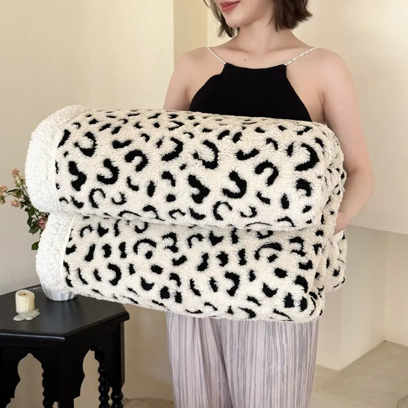 Leopard jacquard pattern taffeta blanket in camel colour with double-layer cationic construction