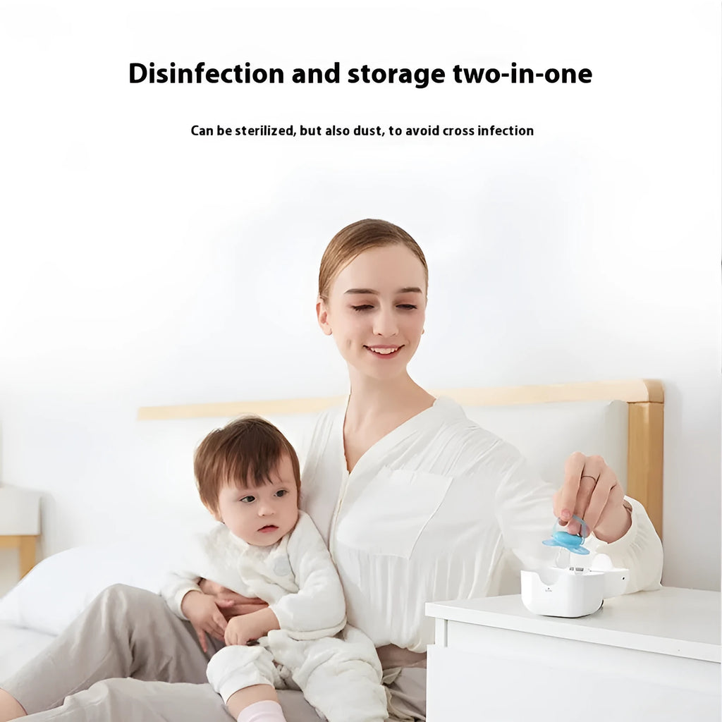 LED UV mini disinfection box pacifier sterilizer in white with USB cable and included items