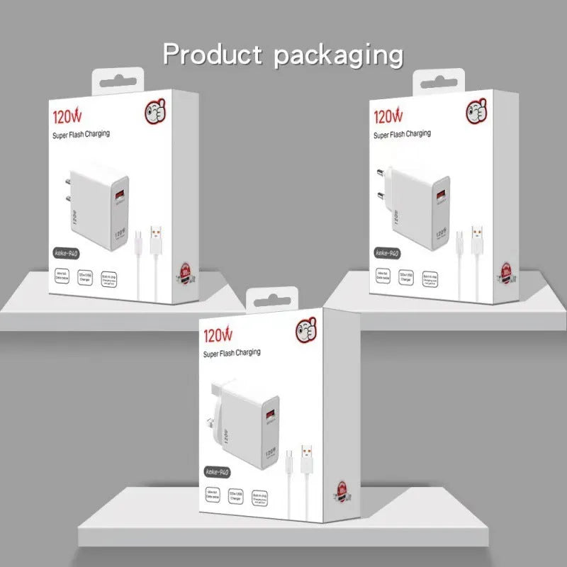 White 120W USB fast charging head with QC5.0 technology and included data cable