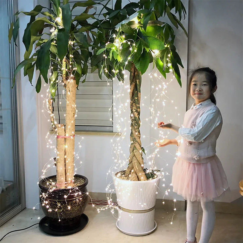 LED copper wire string lights 2m 200 lamp beads warm white silver wire sagging branches