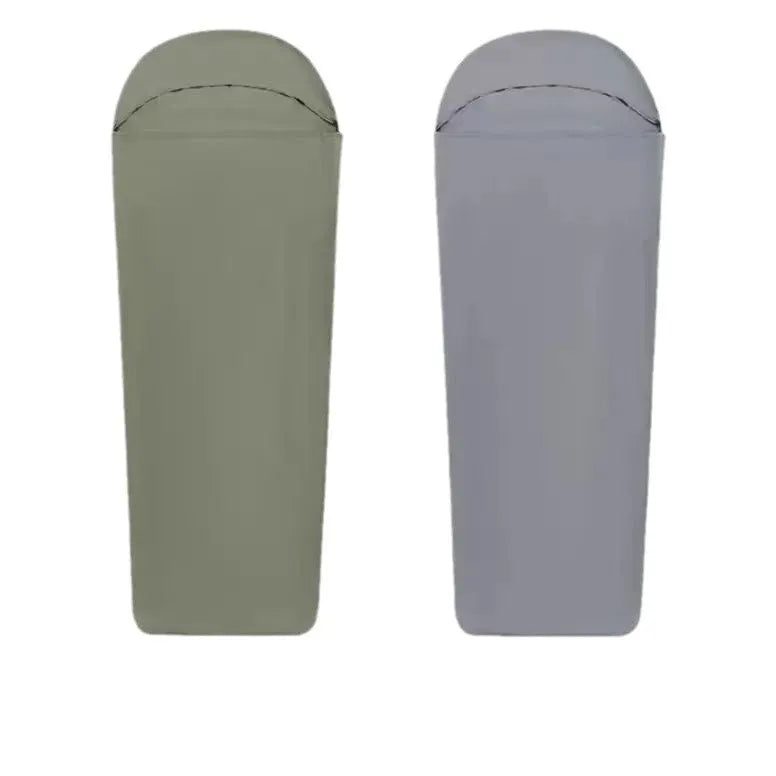 Blue or green lightweight nylon mummy-style camping sleeping bag for adults.