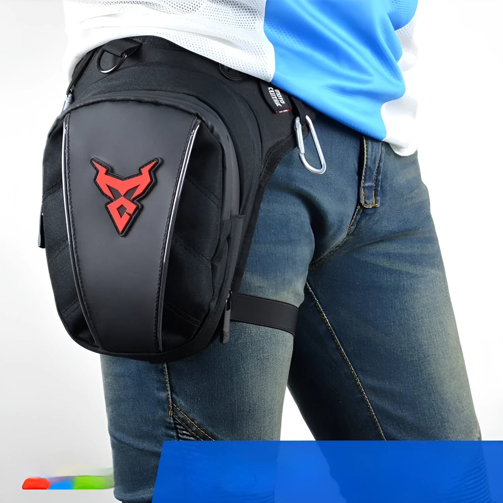 Motorcycle leg bag in 1200D Oxford cloth shown in one of four colours: red, blue, green, or grey