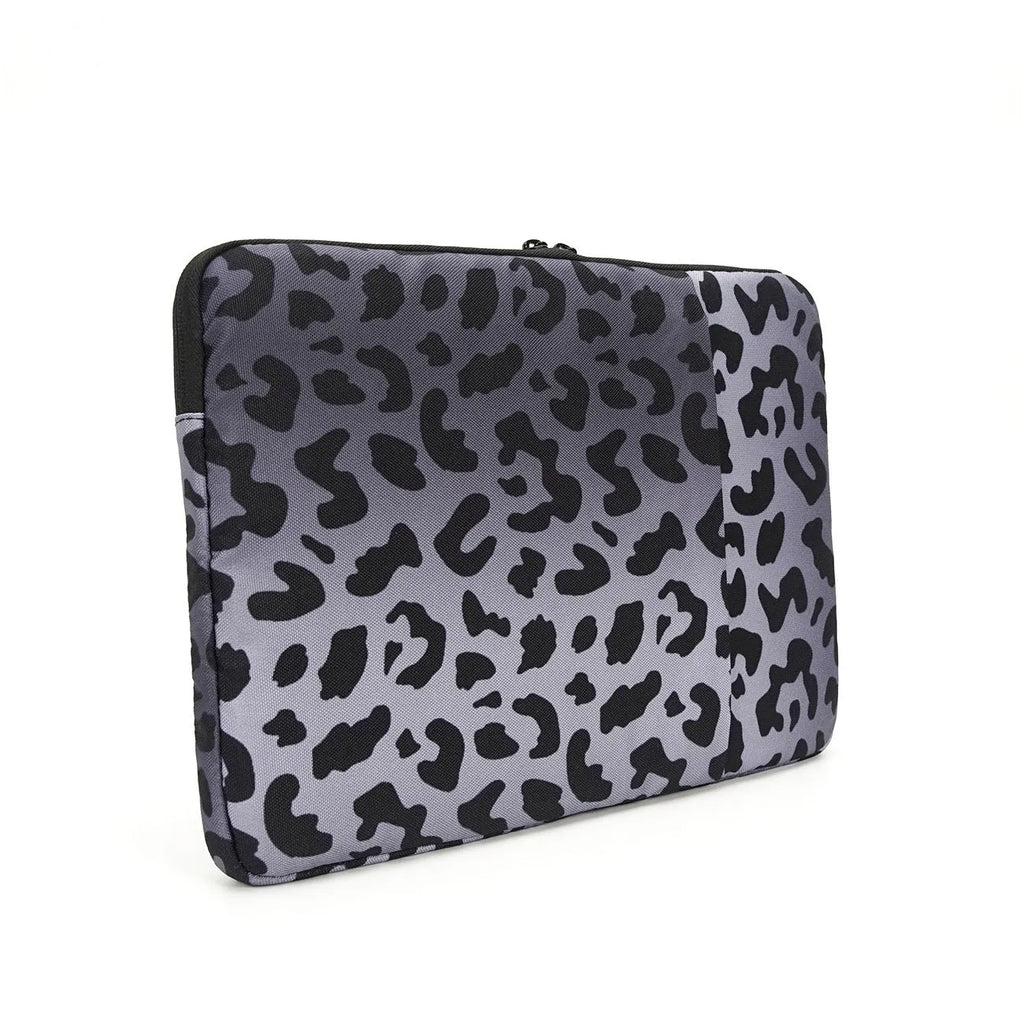 Leopard print laptop sleeve for 13-inch to 16-inch devices with anti-shock flannel lining