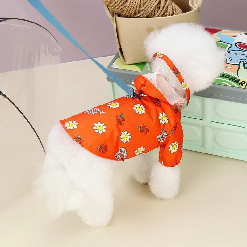 Two-feet style dog raincoat with back pull ring in orange small flower print