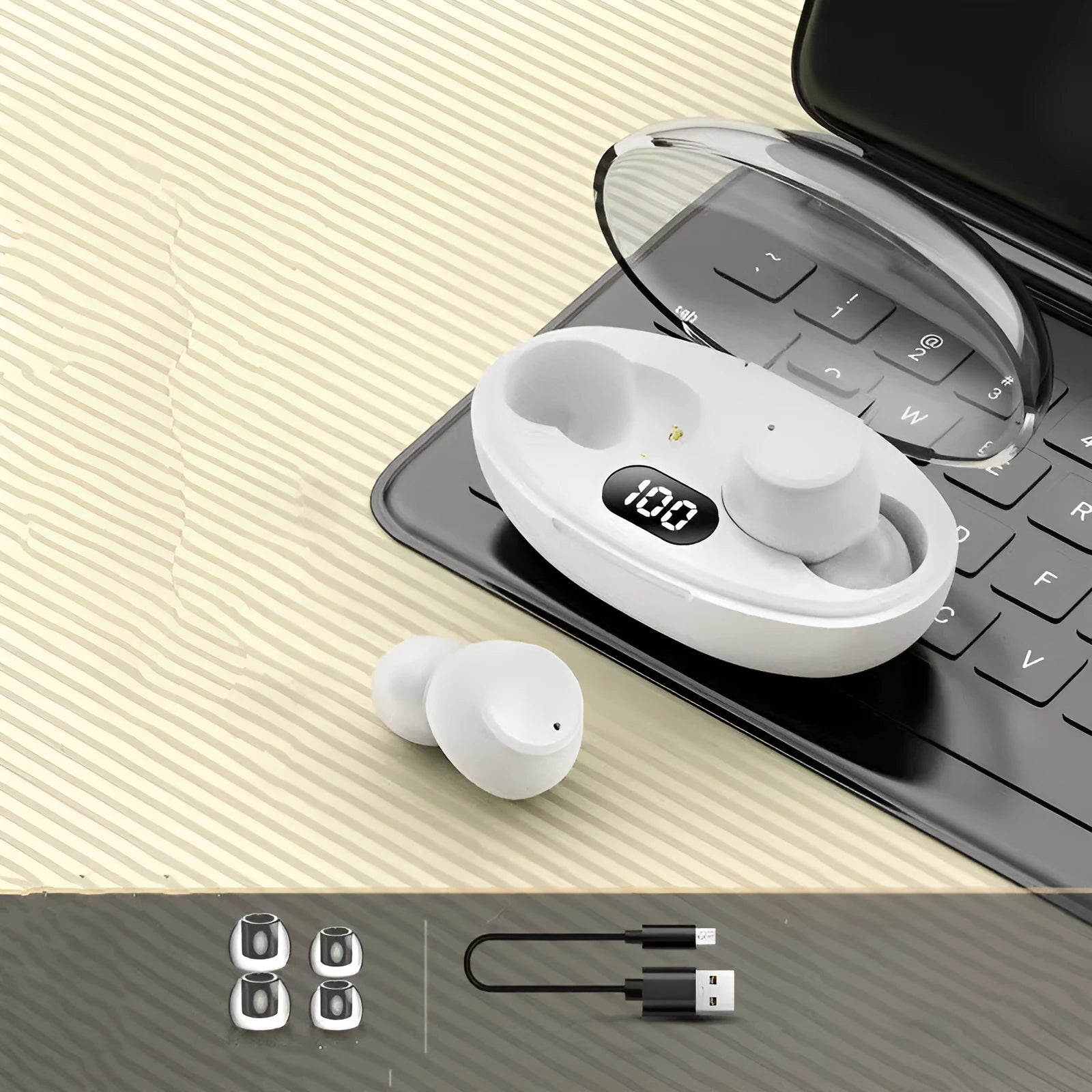 T62 wireless Bluetooth earbuds in black with digital display on charging case
