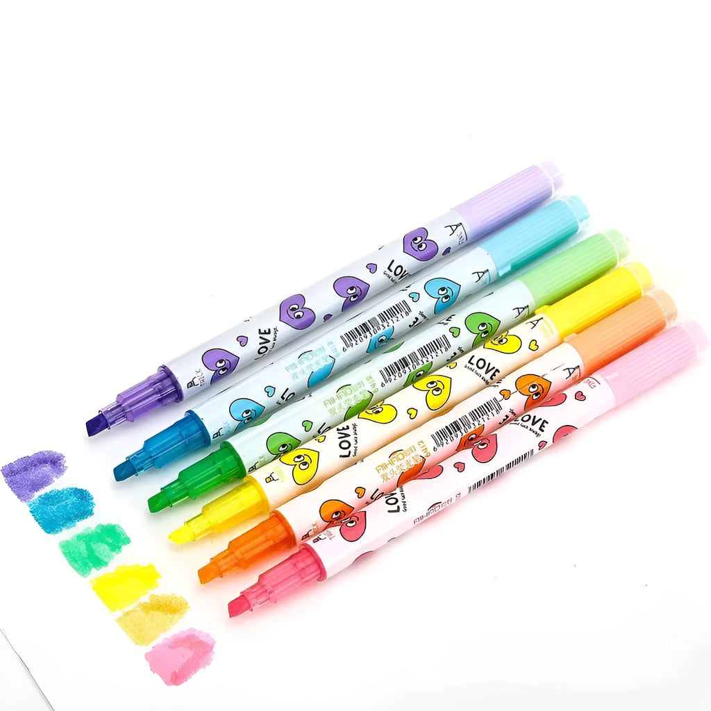 Six double-headed watercolour highlighter pens in pink, orange, yellow, green, blue, and purple colours showing plug-in design