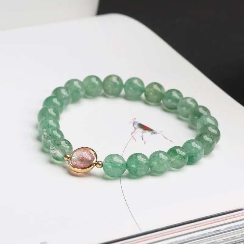 Green strawberry quartz bracelet with hand-woven 7.5mm beads and Chinese auspicious patterns