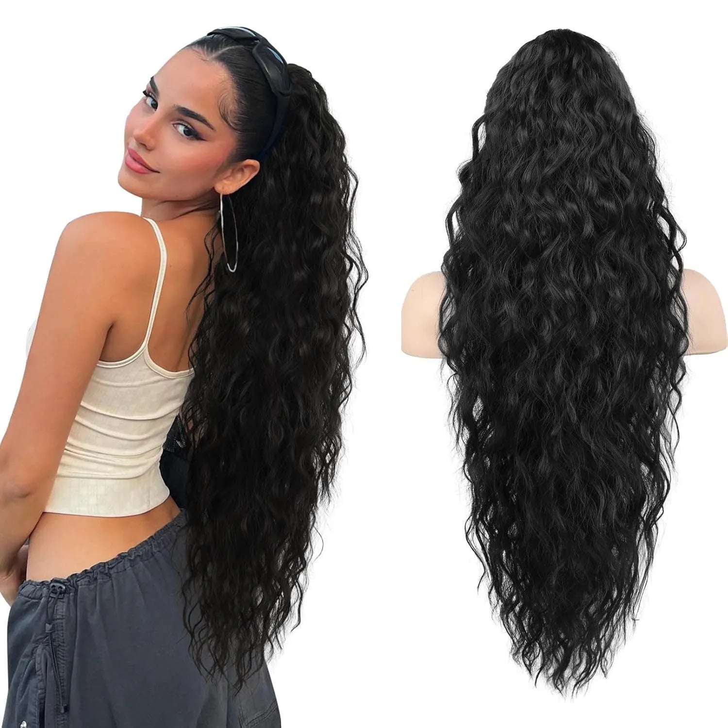 Long 30-inch curly synthetic ponytail wig in high temperature fibre.