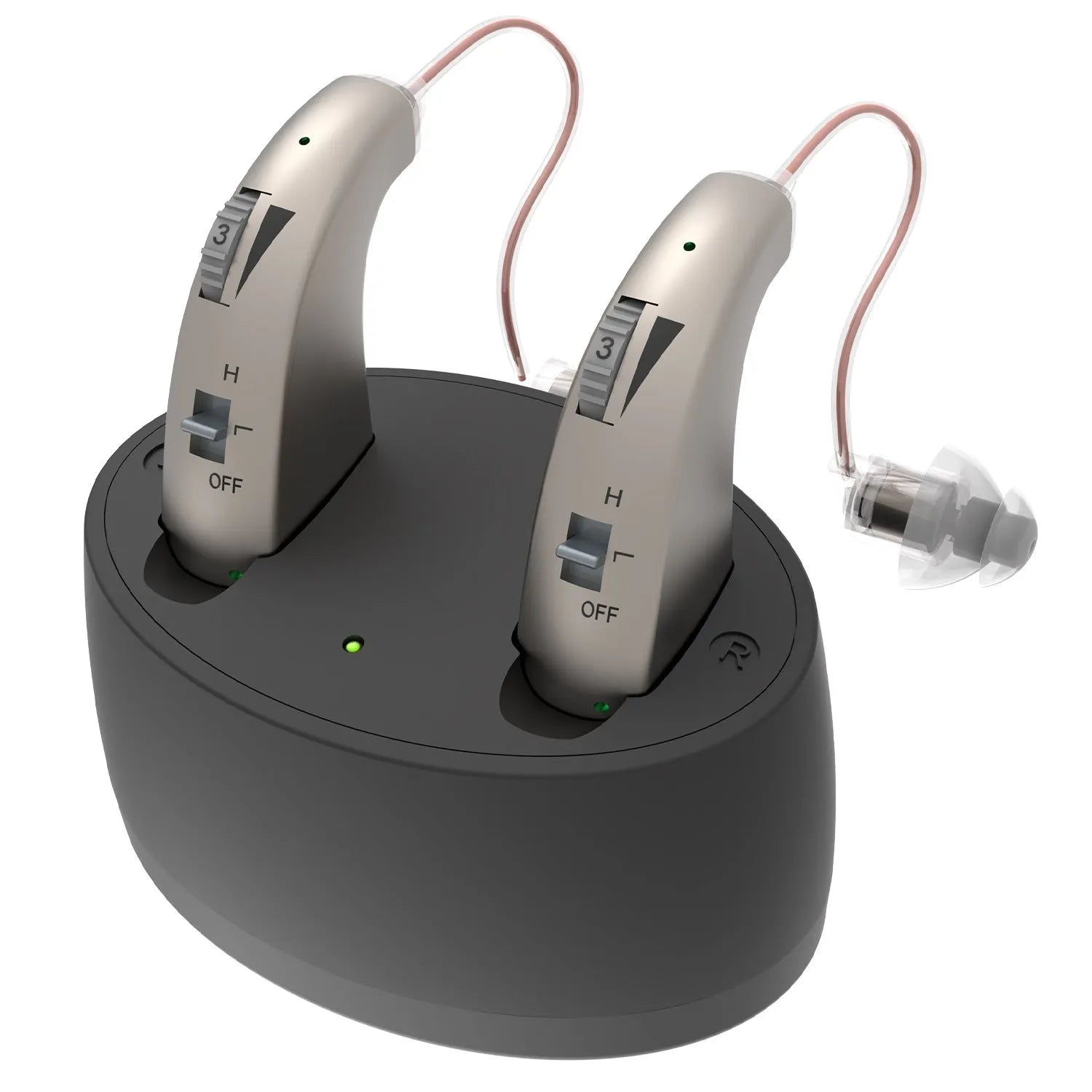 Behind-the-ear aid headset with simple charging bin, PVC housing in skin colour, silver finish