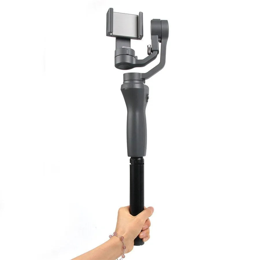 Black aluminium mobile phone tripod and handheld stabiliser accessory compatible with Apple iPhone smartphones