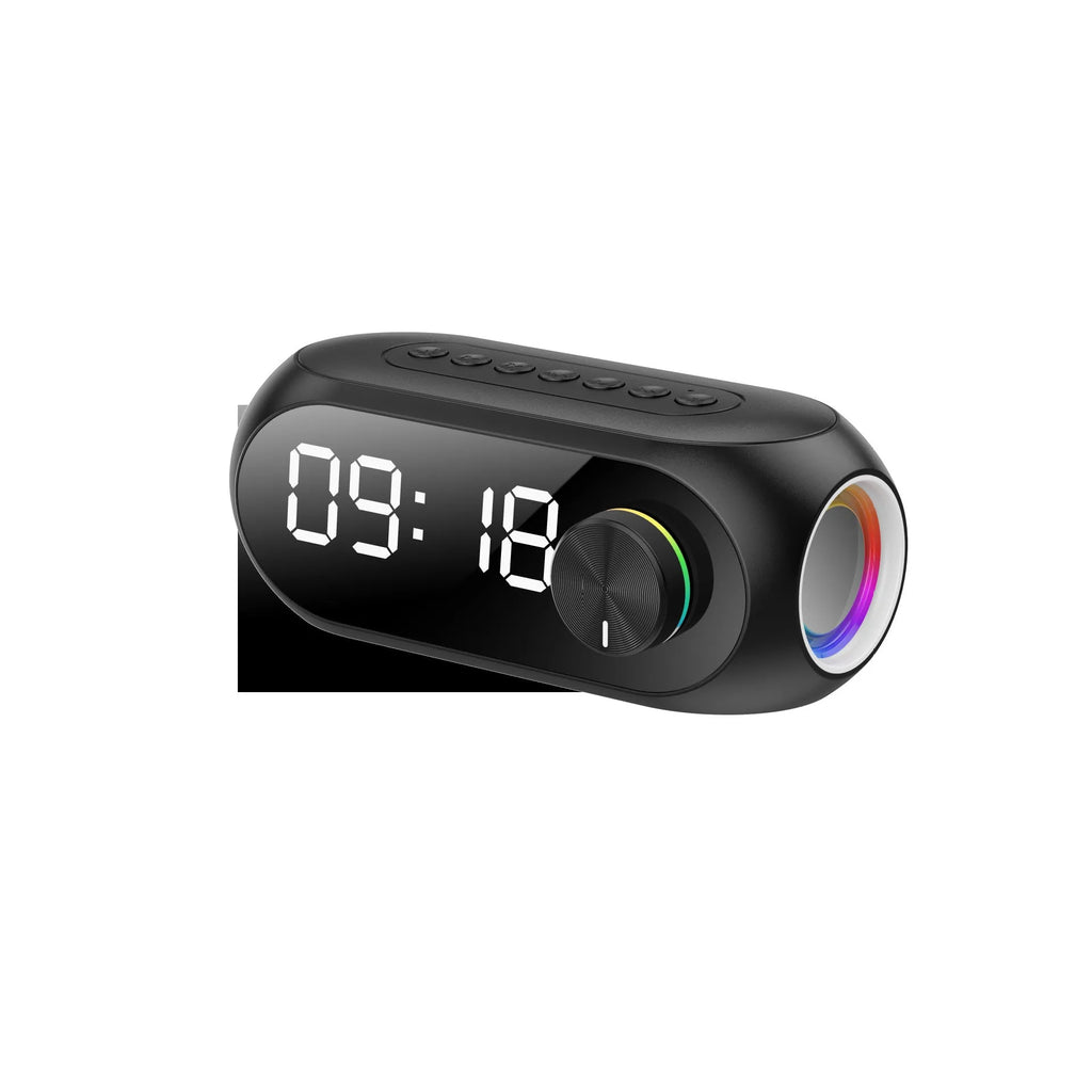S8 mini portable speaker with extra bass and clock display in black, white, or blue colour