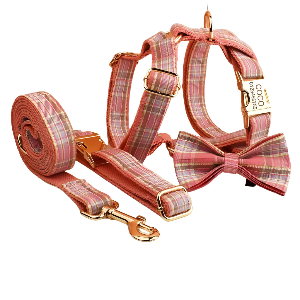 Plaid pattern cloth dog collar and lead set with matching bow and vest for special occasions