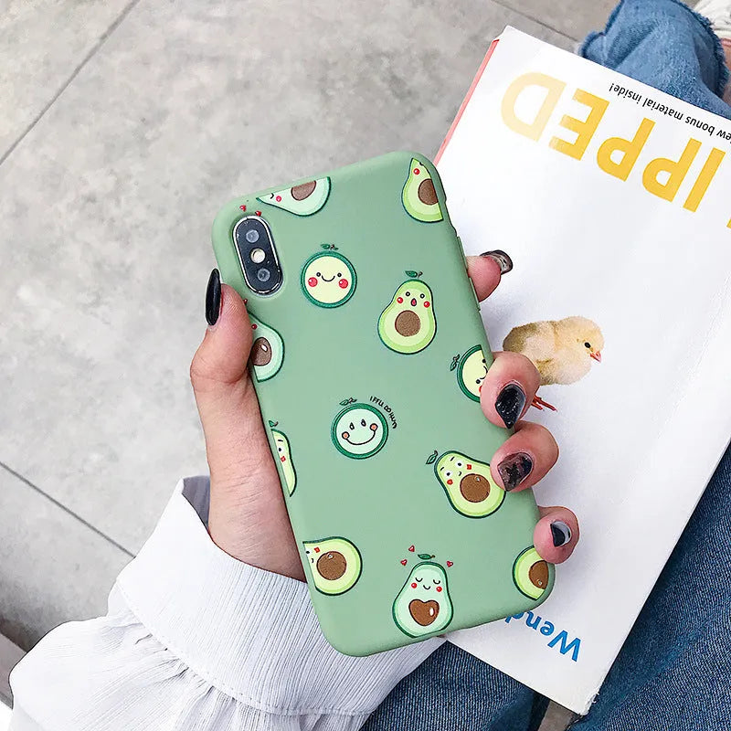 Avocado cartoon design on a green TPU back cover case for an Apple iPhone.